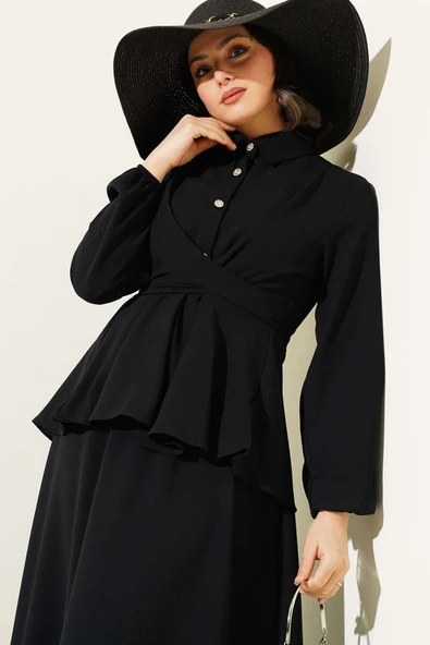 Önü Bağlamalı Gömlek Yaka Etekli İkili Takım Siyah - Resim 2