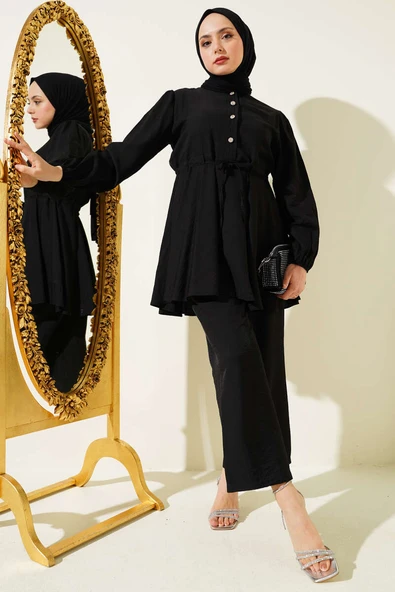 Bel İpli Taş Düğmeli Tunik İkili Takım Siyah ürün görseli 1