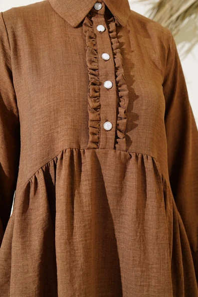 Önü Düğmeli Fırfırlı İkili Takım Kahve - Resim 4