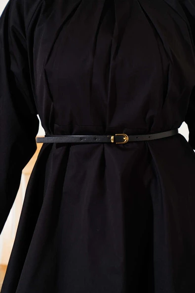 Yakası Pensli Kemerli Poplin İkili Takım Siyah - Resim 4