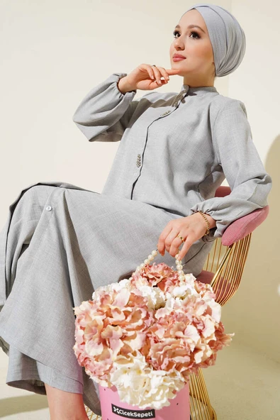 Taş Süslemeli Uzun Tunikli İkili Takım Gri - Resim 2