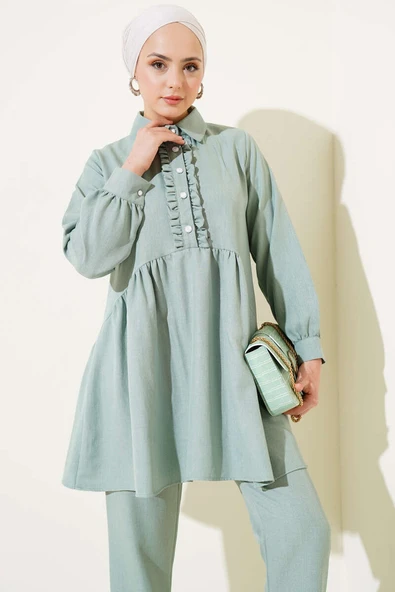 Önü Düğmeli Fırfırlı İkili Takım Mint - Resim 2