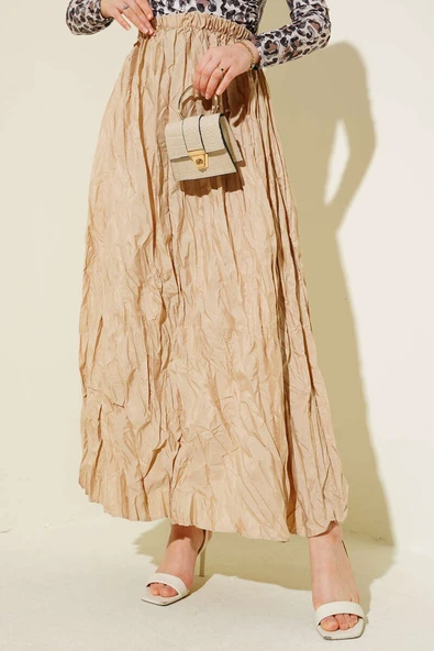 Kırışık Pileli Etek Bej