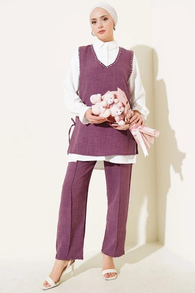 Taş Süslemeli Yan Bağlamalı Üçlü Takım Mor ürün görseli 1