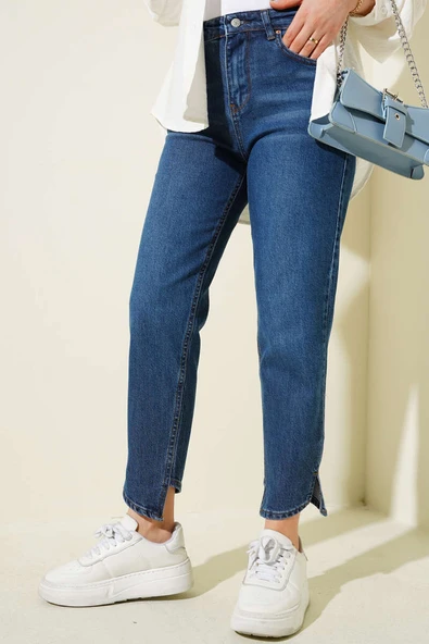 Çapraz Paça Mom Jeans Pantolon Koyu Mavi - 2