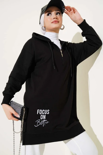 Kapüşonlu Yarım Fermuarlı Baskılı Tunik Siyah ürün görseli 1