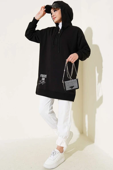 Kapüşonlu Yarım Fermuarlı Baskılı Tunik Siyah - Resim 2