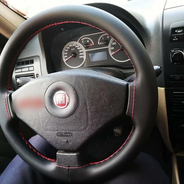 DİKİŞLİ DİREKSİYON KILIFI SİYAH DERİ KIRMIZI DİKİŞLİ FIAT ALBEA İÇİN - 1