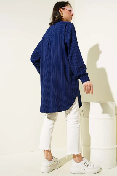 Hakim Yaka Salaş Gömlek Lacivert - Resim 3