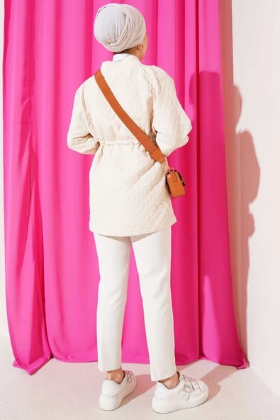 Bel Tünelli Kapitone Ceket Bej - Resim 3