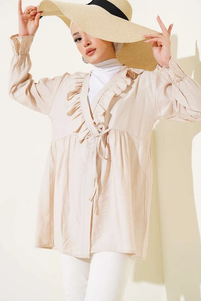 Fırfırlı Bileği Lastikli Kimono Bej