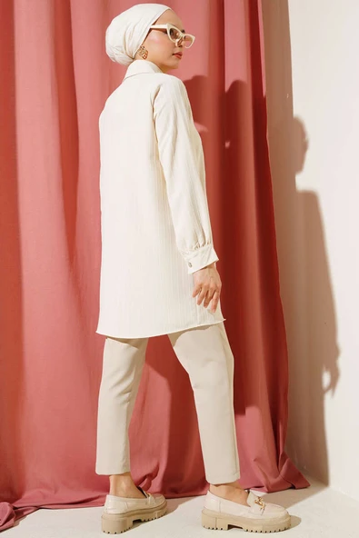 Cep Taşlı Çizgili Gömlek Bej - Resim 3