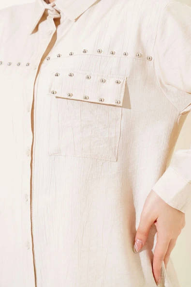 Cep Kapaklı Metal Detaylı Gömlek Bej - Resim 4