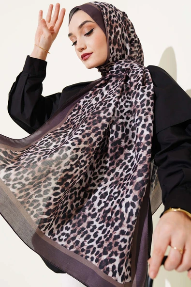 Leopar Desen Şeritli Şal Koyu Kahve