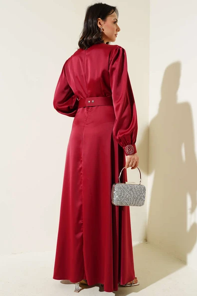 Taş İşlemeli Saten Abiye Elbise Bordo - Resim 3