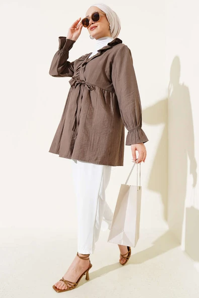 Fırfırlı Bileği Lastikli Kimono Kahve - 2