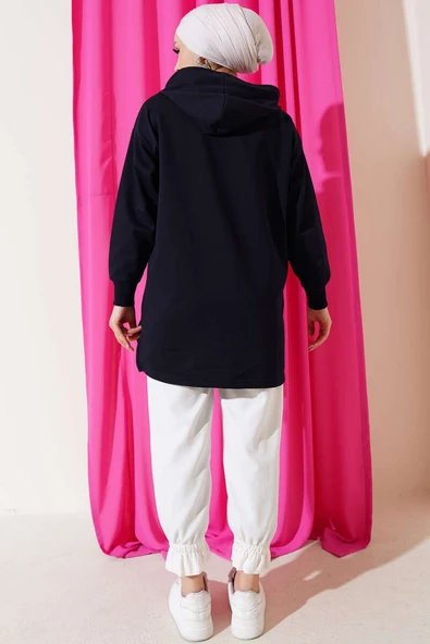 Kapüşonlu Yarım Fermuarlı Baskılı Tunik Lacivert - Resim 3