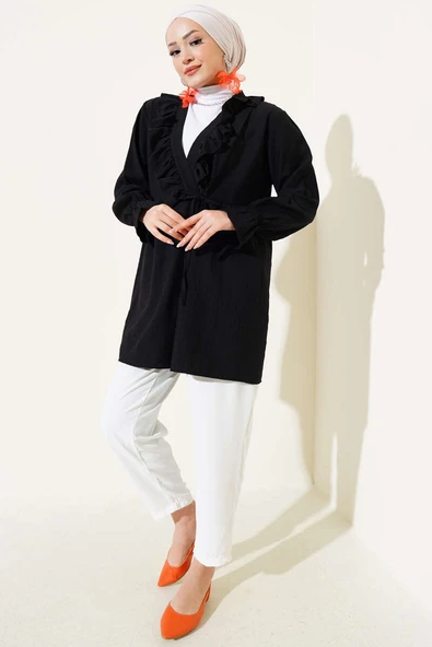 Fırfırlı Bileği Lastikli Kimono Siyah - 2