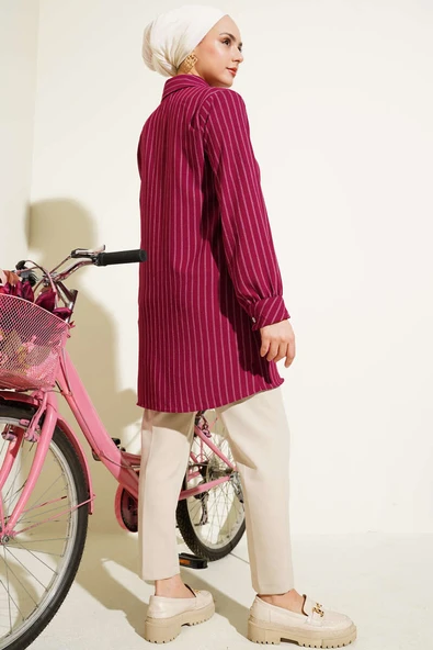 Cep Taşlı Çizgili Gömlek Mürdüm - Resim 3