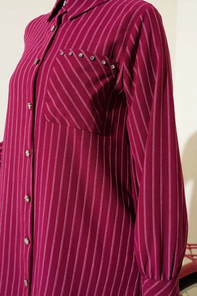 Cep Taşlı Çizgili Gömlek Mürdüm - Resim 4