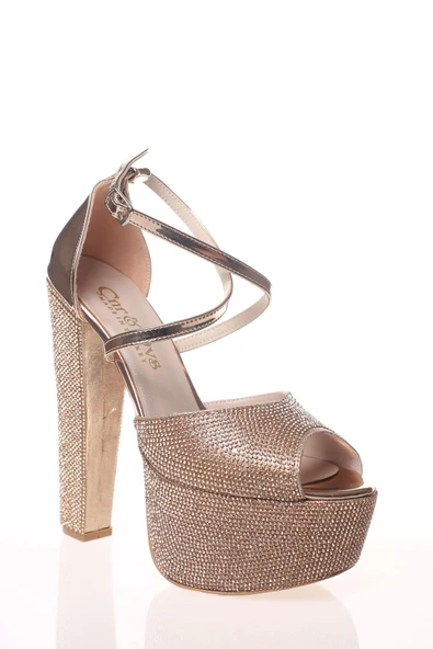 Kadın Moda Şık Gold Kristal Full Taş Topuklu Düğün Nişan Gece Abiye Ayakkabısı