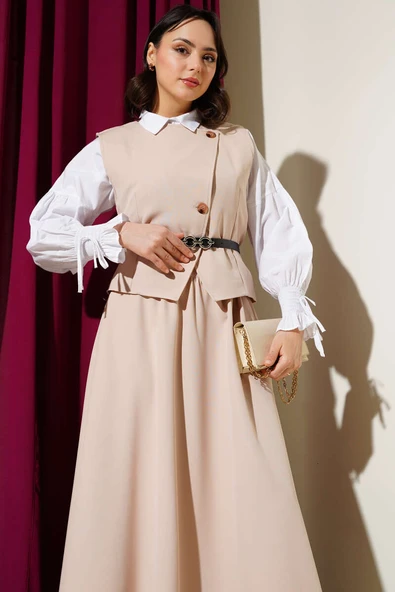 Kemerli Düğmeli Yelekli İkili Takım Bej - 2