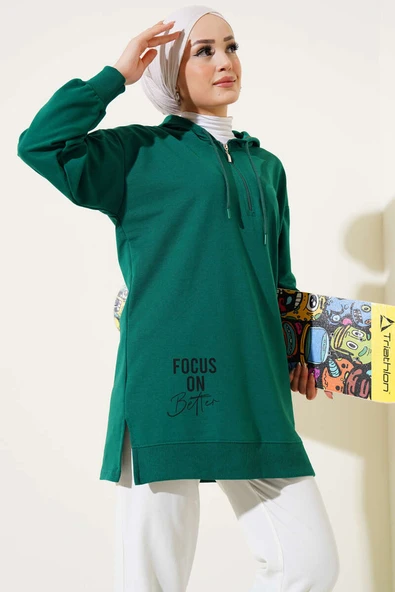 Kapüşonlu Yarım Fermuarlı Baskılı Tunik Yeşil - Resim 2