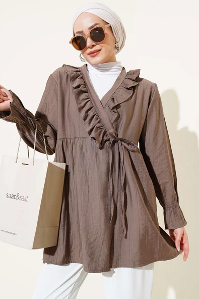 Fırfırlı Bileği Lastikli Kimono Kahve