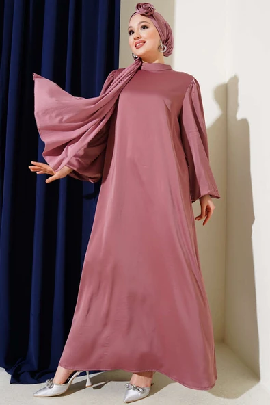 Gül Aksesuarlı Balon Kol Saten Elbise Gül Kurusu ürün görseli 1