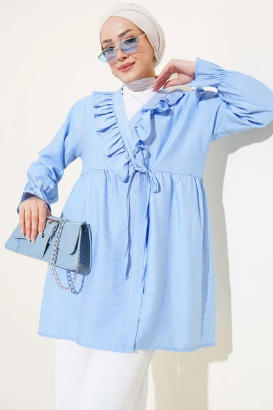 Fırfırlı Bileği Lastikli Kimono Mavi