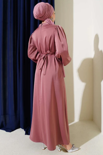 Gül Aksesuarlı Balon Kol Saten Elbise Gül Kurusu - Resim 3