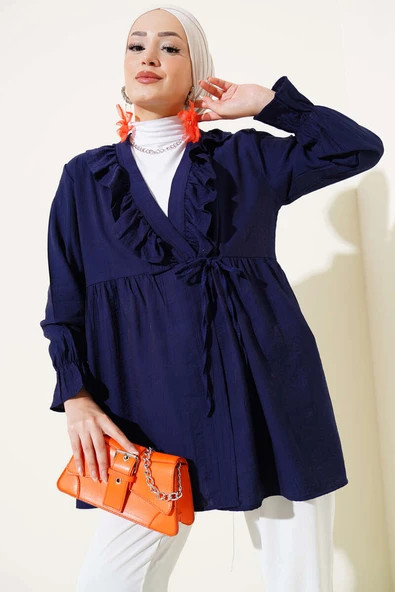 Fırfırlı Bileği Lastikli Kimono Lacivert
