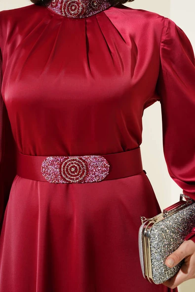 Taş İşlemeli Saten Abiye Elbise Bordo - Resim 4
