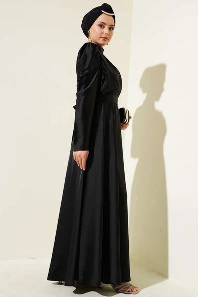 Omuz Taşlı Saten Abiye Elbise Siyah - 3