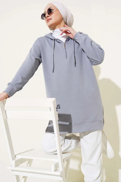 Kapüşonlu Yarım Fermuarlı Baskılı Tunik Kayrak Grisi - Resim 3