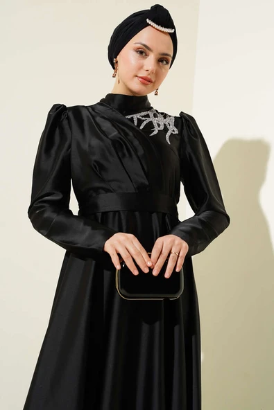 Omuz Taşlı Saten Abiye Elbise Siyah - 2