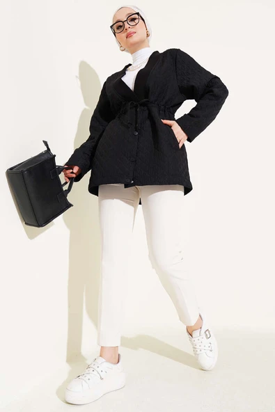 Bel Tünelli Kapitone Ceket Siyah - 2