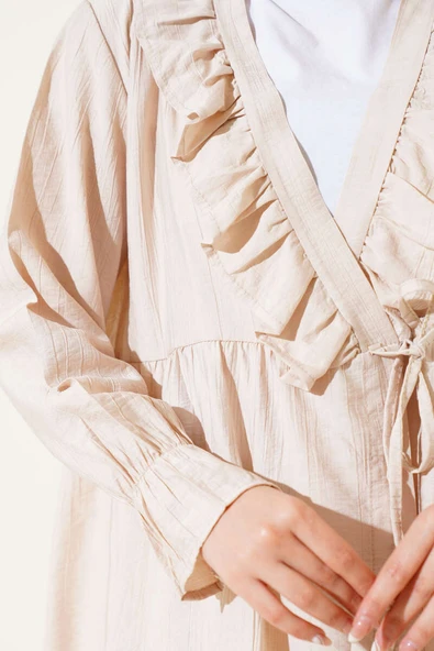 Fırfırlı Bileği Lastikli Kimono Bej - 4