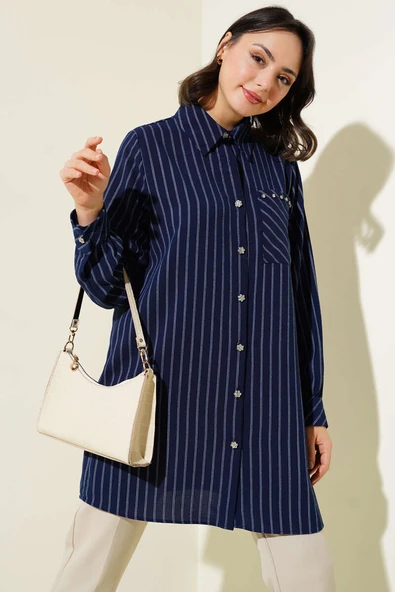 Cep Taşlı Çizgili Gömlek Lacivert ürün görseli 1