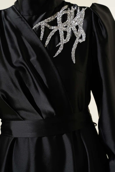 Omuz Taşlı Saten Abiye Elbise Siyah - 4