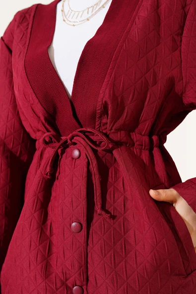 Bel Tünelli Kapitone Ceket Bordo - Resim 4