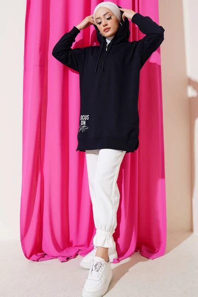 Kapüşonlu Yarım Fermuarlı Baskılı Tunik Lacivert - Resim 2