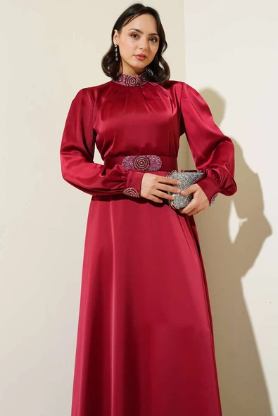 Taş İşlemeli Saten Abiye Elbise Bordo - Resim 2