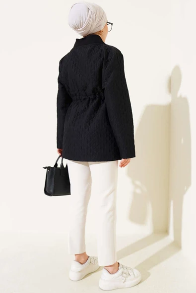 Bel Tünelli Kapitone Ceket Siyah - 3