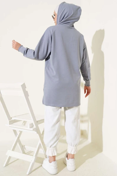 Kapüşonlu Yarım Fermuarlı Baskılı Tunik Kayrak Grisi - Resim 4