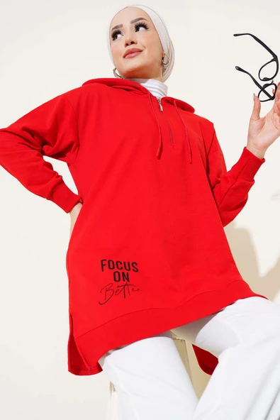 Kapüşonlu Yarım Fermuarlı Baskılı Tunik Kırmızı ürün görseli 1