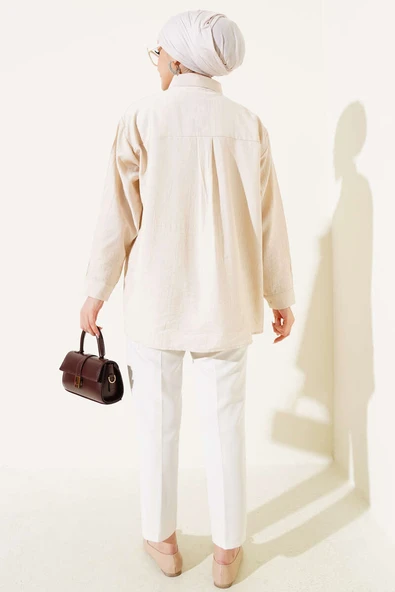 Cep Kapaklı Metal Detaylı Gömlek Bej - Resim 3