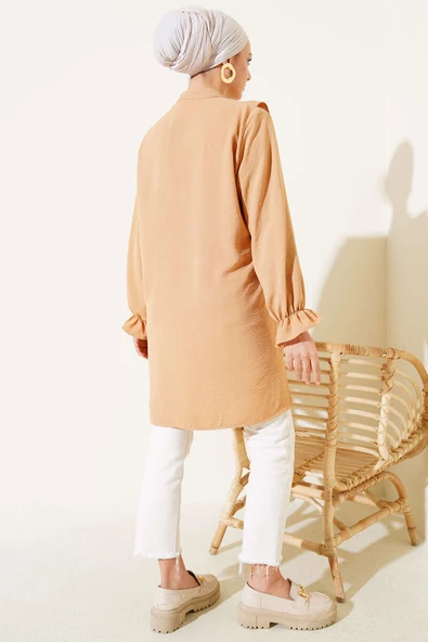 V Fırfırlı Gömlek Camel - Resim 3