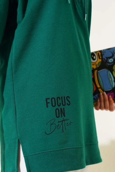 Kapüşonlu Yarım Fermuarlı Baskılı Tunik Yeşil - Resim 4