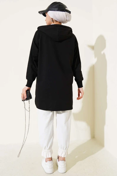 Kapüşonlu Yarım Fermuarlı Baskılı Tunik Siyah - Resim 3